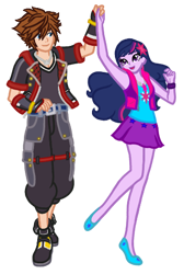Size: 330x490 | Tagged: safe, artist:wavebreeze234, imported from derpibooru, twilight sparkle, equestria girls, clothes, crossover, dancing, eyelashes, female, grin, kingdom hearts, male, simple background, smiling, sora, straight, transparent background