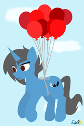 Size: 1376x2065 | Tagged: safe, artist:samsailz, imported from derpibooru, pinkie pie, oc, oc only, pony, unicorn, balloon, commission, floating, fly away, lineless, no pupils, solo, then watch her balloons lift her up to the sky, ych example, ych result, your character here