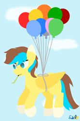 Size: 1372x2065 | Tagged: safe, artist:samsailz, imported from derpibooru, oc, oc only, pegasus, pony, balloon, birthday, commission, fly away, lineless, no pupils, party horn, solo, ych example, ych result, your character here