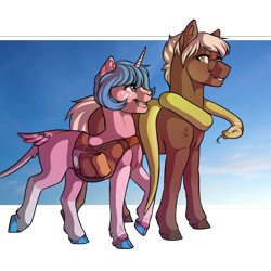 Size: 894x894 | Tagged: safe, artist:royvdhel-art, imported from derpibooru, oc, oc only, earth pony, pony, snake, unicorn, bag, collaboration, duo, earth pony oc, glasses, horn, saddle bag, simple background, smiling, story included, transparent background, unicorn oc