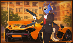 Size: 3280x1920 | Tagged: safe, artist:parabellumpony, imported from derpibooru, oc, oc only, oc:parabellum blueberry, anthro, unicorn, anaglyph 3d, car, clothes, detailed background, mclaren, mclaren p1, solo, supercar, wallpaper, weapon