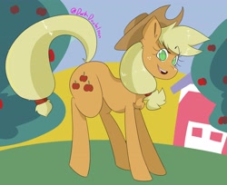 Size: 3588x2929 | Tagged: safe, artist:darkdoubloon, imported from derpibooru, applejack, earth pony, pony, apple, apple tree, applejack's hat, barn, chest fluff, cowboy hat, ear fluff, female, food, freckles, hat, high res, looking at you, mare, open mouth, smiling, smiling at you, solo, stetson, tree