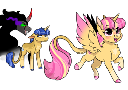 Size: 2485x1754 | Tagged: safe, artist:moccabliss, imported from derpibooru, king sombra, oc, oc:starjax, oc:summer sunrise, alicorn, pony, female, male, mare, offspring, parent:sunburst, parent:twilight sparkle, parents:twiburst, simple background, stallion, white background