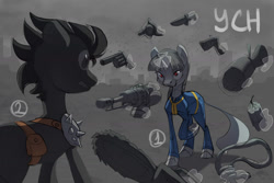 Size: 1600x1067 | Tagged: safe, artist:yarugreat, imported from derpibooru, oc, earth pony, pony, unicorn, fallout equestria, chainsaw, commission, dynamite, explosives, gun, magic, rope, telekinesis, weapon, ych sketch, your character here