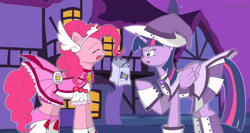 Size: 4936x2624 | Tagged: safe, artist:bakumaru01, imported from derpibooru, pinkie pie, twilight sparkle, alicorn, earth pony, pony, 2016, anime, clothes, cosplay, costume, cure happy, dress, duo, ellie craft, glitter force, halloween, hat, holiday, magical doremi, magical girl, nightmare night, ojamajo doremi, onpu segawa, pink dress, purple dress, skirt, smile precure, toei animation, twilight sparkle (alicorn), witch, witch apprentice, witch costume, witch hat