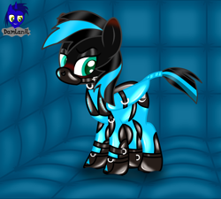 Size: 4608x4154 | Tagged: safe, alternate version, artist:damlanil, imported from derpibooru, oc, oc only, oc:nightlight aura, pegasus, pony, alternate universe, barcode, blushing, bondage, boots, bound wings, buckle, catsuit, caution sign, clothes, collar, commission, cute, eyeshadow, female, fireheart76's latex suit design, gag, gimp, gimp suit, gloves, hood, latex, latex boots, latex gloves, latex suit, lock, makeup, mare, muzzle gag, padded cell, prisoners of the moon, restrained, restraints, rubber, rubber suit, shiny, shiny mane, shoes, solo, story, story included, straps, suit, text, vector, wings