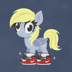 Size: 4000x4000 | Tagged: safe, artist:confetticakez, imported from derpibooru, derpy hooves, pegasus, pony, blue background, clothes, cute, derpabetes, drip, female, mare, nike, nike (brand), shoes, simple background, sneakers, solo