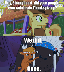 Size: 1280x1440 | Tagged: safe, edit, edited screencap, imported from derpibooru, screencap, braeburn, chief thunderhooves, little strongheart, over a barrel, season 1, season 9, the summer sun setback, caption, comic, holiday, image macro, king of the hill, screencap comic, text, thanksgiving, the implications are horrible