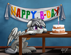 Size: 3300x2550 | Tagged: safe, artist:supermoix, imported from derpibooru, oc, oc only, oc:dark tempest, alicorn, pegasus, pony, unicorn, alone, birthday, cake, commission, cute, depressed, food, happy birthday to me, high res, sad, solo