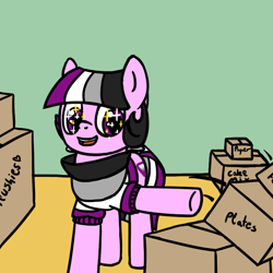 Size: 800x800 | Tagged: safe, artist:thedragenda, imported from derpibooru, oc, oc only, oc:ace, earth pony, pony, ask-acepony, box, eye shimmer, female, mare, solo