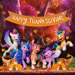 Size: 1080x1080 | Tagged: safe, imported from derpibooru, hitch trailblazer, izzy moonbow, pipp petals, sunny starscout, zipp storm, earth pony, pegasus, pony, unicorn, cornucopia, female, g5, happy thanksgiving 2021, hat, holiday, instagram, male, mane five (g5), mare, my little pony: a new generation, official, stallion, thanksgiving