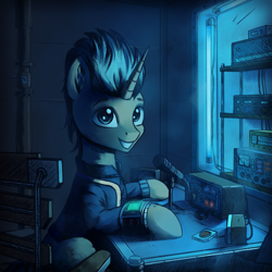 Size: 3000x3000 | Tagged: safe, artist:adagiostring, imported from derpibooru, oc, oc only, oc:gadget (lahirien), pony, unicorn, fallout equestria, commission, commissioner:lahirien, ham radio, high res, pipbuck, radio, solo