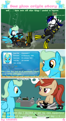 Size: 3000x5500 | Tagged: safe, artist:akififi, imported from derpibooru, oc, oc:sea glow, pegasus, pony, unicorn, comic:sea glow origin story, air tank, bubble, cash register, crash, diving, excited, flippers (gear), happy, misspelling, onomatopoeia, scuba diving, scuba gear, shop, shopping, sinking, snorkel, spooked, swimming, underwater, wetsuit