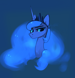 Size: 1689x1765 | Tagged: safe, artist:hiringbunny96, imported from derpibooru, princess luna, pony, blue background, bust, ethereal mane, female, jewelry, looking at you, mare, simple background, solo, tiara
