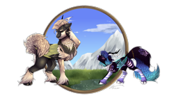 Size: 3960x2228 | Tagged: safe, artist:lunciakkk, imported from derpibooru, oc, oc only, chest fluff, commission, grass, high res, mountain, nudity, sheath, simple background, transparent background, unshorn fetlocks, water