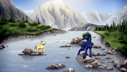 Size: 3960x2228 | Tagged: safe, artist:lunciakkk, imported from derpibooru, oc, oc:zultar green, commission, high res, mountain, mountain range, river, rock, scenery, tree