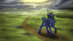 Size: 4709x2648 | Tagged: safe, artist:lunciakkk, imported from derpibooru, oc, oc only, pony, commission, crepuscular rays, house, rain, scenery, solo, tree
