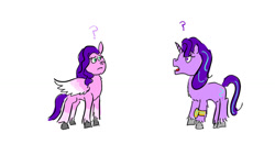 Size: 1024x576 | Tagged: safe, artist:horsesplease, imported from derpibooru, pipp petals, starlight glimmer, pegasus, pony, unicorn, confused, doodle, g5, gauntlet, immortal, my little pony: a new generation, pipp is immortal, question mark, surprised, time travel glimmer