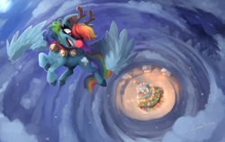 Size: 3422x2163 | Tagged: safe, artist:pajama-ham, imported from derpibooru, rainbow dash, pony, animal costume, christmas, christmas tree, costume, high res, holiday, reindeer costume, reindeer dash, rudolph the red nosed reindeer, solo, tree