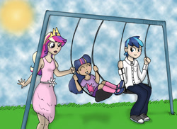 Size: 2987x2180 | Tagged: safe, artist:asterismo, artist:luxei, imported from derpibooru, princess cadance, shining armor, twilight sparkle, human, ^^, clothes, converse, dress, eyes closed, female, grass, happy, high res, humanized, male, outdoors, palindrome get, shoes, smiling, sun, swing, trio, younger