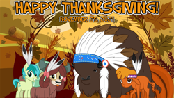 Size: 2063x1161 | Tagged: safe, artist:not-yet-a-brony, imported from derpibooru, chief thunderhooves, little strongheart, sandbar, yona, buffalo, earth pony, yak, feather, friendship, happy thanksgiving 2021, holiday, thanksgiving