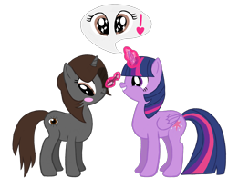 Size: 4096x3218 | Tagged: safe, artist:turnaboutart, imported from derpibooru, twilight sparkle, oc, oc:sonata, alicorn, unicorn, blushing, canon x oc, compliment, crack shipping, female, glasses, lesbian, shipping, simple background, speech bubble, transparent background, turnabout storm, twilight sparkle (alicorn)