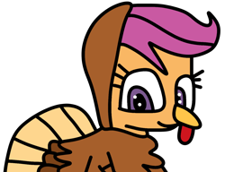 Size: 1300x1000 | Tagged: safe, artist:icicle-wicicle-1517, artist:jadeharmony, color edit, edit, imported from derpibooru, scootaloo, bird, pegasus, pony, turkey, collaboration, colored, female, filly, holiday, scootaturkey, simple background, solo, thanksgiving, transparent background, turkey costume