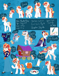 Size: 2153x2786 | Tagged: safe, artist:catastrophic-success, imported from derpibooru, oc, oc:doodle flare, breezie, cat, crystal pony, human, unicorn, bag, clothes, dress, female, filly, foal, glasses, high res, humanized, kimono (clothing), pencil, reference sheet, saddle bag, wagon, wet, wet mane