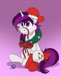 Size: 1712x2140 | Tagged: safe, alternate version, artist:rokosmith26, imported from derpibooru, oc, oc only, oc:curiosity cosmos, pony, unicorn, alternate character, bow, christmas, christmas stocking, christmas wreath, clothes, commission, floppy ears, gradient background, holiday, horn, leggings, looking up, male, one ear down, raised hoof, ribbon, simple background, sitting, smiling, solo, stallion, sweat, sweatdrop, tail, tongue out, unicorn horn, unicorn oc, wreath, ych result