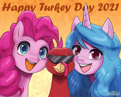 Size: 1300x1040 | Tagged: safe, artist:johnjoseco, imported from derpibooru, izzy moonbow, pinkie pie, bird, earth pony, pony, turkey, unicorn, bust, eyebrows, eyebrows visible through hair, female, g5, happy thanksgiving 2021, holiday, looking at you, mare, my little pony: a new generation, open mouth, open smile, smiling, smiling at you, sunglasses, thanksgiving, trio