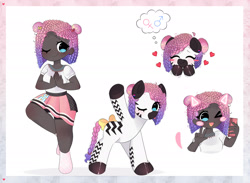 Size: 2225x1627 | Tagged: safe, artist:arwencuack, imported from derpibooru, oc, oc only, oc:zuri sambo, human, zebra, :p, bisexual pride flag, blushing, bow, cellphone, clothes, cute, dark skin, ear piercing, earring, eyes closed, female, heart, humanized, humanized oc, jewelry, one eye closed, open mouth, phone, piercing, pride, pride flag, reference sheet, selfie, shirt, simple background, skirt, smartphone, socks, solo, tail, tail bow, thought bubble, tongue out, white background, wink, yoga, zebra oc