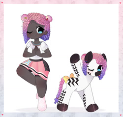 Size: 1707x1627 | Tagged: safe, artist:arwencuack, imported from derpibooru, oc, oc only, oc:zuri sambo, human, zebra, :p, bisexual pride flag, bow, clothes, cute, dark skin, ear piercing, earring, female, humanized, humanized oc, jewelry, one eye closed, piercing, pride, pride flag, reference sheet, shirt, simple background, skirt, socks, solo, tail, tail bow, tongue out, white background, wink, yoga, zebra oc