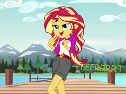 Size: 961x720 | Tagged: safe, artist:thedarkpony, edit, edited screencap, imported from derpibooru, screencap, sunset shimmer, equestria girls, legend of everfree, camp everfree outfits, clothes, cropped, fart, fart edit, fart noise, female, onomatopoeia, shorts, sound effects