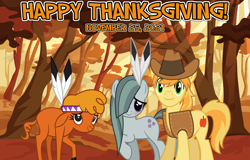 Size: 2064x1321 | Tagged: safe, anonymous artist, imported from derpibooru, braeburn, little strongheart, marble pie, buffalo, earth pony, 2021, autumn, braeble, braeheart, feather, female, forest, friendship, happy thanksgiving 2021, holiday, male, scenery, shipping, smiling, straight, thanksgiving