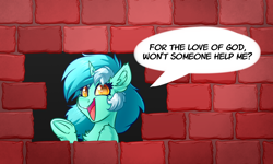 Size: 4000x2400 | Tagged: safe, alternate version, artist:witchtaunter, imported from derpibooru, lyra heartstrings, pony, unicorn, brick wall, chest fluff, commission, ear fluff, edgar allan poe, female, immurement, l.u.l.s., mare, meme, open mouth, parody, ponified meme, raised hoof, smiling, solo, the cask of amontillado, underhoof
