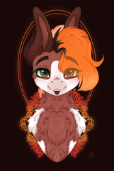 Size: 1600x2400 | Tagged: safe, artist:bananasplitedy, imported from derpibooru, oc, oc only, oc:mocha frost, pegasus, pony, abstract background, bust, chest fluff, coat markings, facial markings, flower, fluffy, looking at you, markings, neck fluff, solo