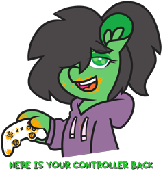 Size: 3800x3984 | Tagged: safe, artist:threetwotwo32232, imported from derpibooru, oc, oc only, oc:anon-mare, earth pony, pony, cheeto dust, clothes, controller, female, g3 hoof, high res, hoodie, mare, simple background, solo, suddenly hands, transparent background