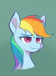 Size: 1390x1906 | Tagged: safe, artist:noupu, imported from derpibooru, rainbow dash, pegasus, pony, bust, colored pupils, eyebrows, eyebrows visible through hair, faic, female, lidded eyes, simple background, smug, smugdash, solo