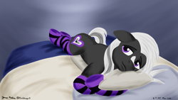 Size: 2400x1350 | Tagged: safe, artist:rockhoppr3, imported from derpibooru, oc, oc only, oc:ace hearts, earth pony, pony, bed, clothes, floppy ears, hug, looking at you, male, pillow, pillow hug, socks, solo, stallion, striped socks, thigh highs