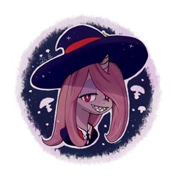 Size: 1280x1280 | Tagged: safe, artist:fipoki, imported from derpibooru, pony, unicorn, female, grin, hat, horn, lidded eyes, little witch academia, looking at you, sharp teeth, simple background, smiling, smiling at you, solo, sucy manbavaran, teeth, transparent background, white pupils, witch hat