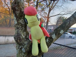 Size: 4000x3000 | Tagged: safe, artist:topsangtheman, imported from derpibooru, peachy sweet, earth pony, pony, apple family member, irl, looking at you, photo, plushie, solo, tree
