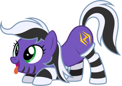 Size: 2208x1564 | Tagged: safe, artist:lightning stripe, derpibooru exclusive, imported from derpibooru, oc, oc only, oc:lightning stripe, earth pony, pony, derpibooru community collaboration, 2022 community collab, :p, ass up, behaving like a dog, black and white mane, clothes, cross-eyed, cute, eyelashes, face down ass up, female, green eyes, makeup, mare, ocbetes, purple coat, show accurate, silly, simple background, socks, solo, striped socks, stripes, tail, tongue out, transparent background, two toned mane, two toned tail, vector