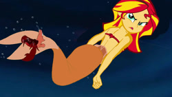 Size: 1280x724 | Tagged: safe, artist:devinquinnart, imported from derpibooru, sunset shimmer, crab, mermaid, equestria girls, 1000 hours in ms paint, angry, bra, crossover, fish tail, mermaid tail, mermaidized, seashell bra, sebastian, species swap, tail, the little mermaid