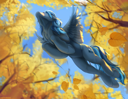 Size: 4000x3100 | Tagged: safe, artist:mithriss, imported from derpibooru, oc, oc only, pegasus, pony, cloud, cutie mark, falling leaves, flying, from below, leaves, solo, spread wings, tree, wings