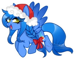 Size: 3161x2517 | Tagged: safe, artist:nekomellow, imported from derpibooru, oc, oc only, oc:blue bolt, pegasus, pony, derpibooru community collaboration, 2022 community collab, braid, christmas, flying, hat, high res, holiday, pegasus oc, ribbon, santa hat, simple background, solo, transparent background