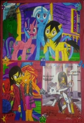 Size: 480x700 | Tagged: safe, artist:karadeg, imported from derpibooru, rarity, starlight glimmer, sunset shimmer, trixie, oc, oc:karadeg, earth pony, human, pony, unicorn, equestria girls, bipedal, cutie mark, dancing, graph paper, hug, traditional art, trixie's wagon, wagon