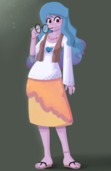 Size: 1300x2000 | Tagged: safe, artist:biocrine, imported from derpibooru, izzy moonbow, equestria girls, anklet, clothes, cutie mark, cutie mark on clothes, dress, equestria girls-ified, feet, friendship bracelet, g5, g5 to equestria girls, glasses, jewelry, looking at you, my little pony: a new generation, necklace, round glasses, sandals, vest