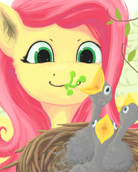 Size: 1024x1280 | Tagged: safe, artist:myr2a, imported from derpibooru, fluttershy, bird, pegasus, pony, worm, bust, chick, ear fluff, feeding, female, looking at someone, mare, mouth hold, nest, smiling, solo