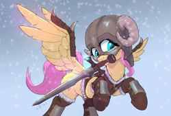 Size: 3400x2302 | Tagged: safe, artist:xbi, imported from derpibooru, fluttershy, pegasus, pony, 30 minute art challenge finished after, armor, clothes, dovahkiin, dovahshy, female, helmet, horned helmet, mare, mouth hold, snow, solo, sword, weapon, wing armor, wings