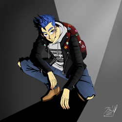 Size: 2000x2000 | Tagged: safe, artist:bidzinha, imported from derpibooru, flash sentry, equestria girls, backpack, clothes, hoodie, jacket, jeans, leather jacket, male, pants, ripped jeans, ripped pants, shoes, torn clothes